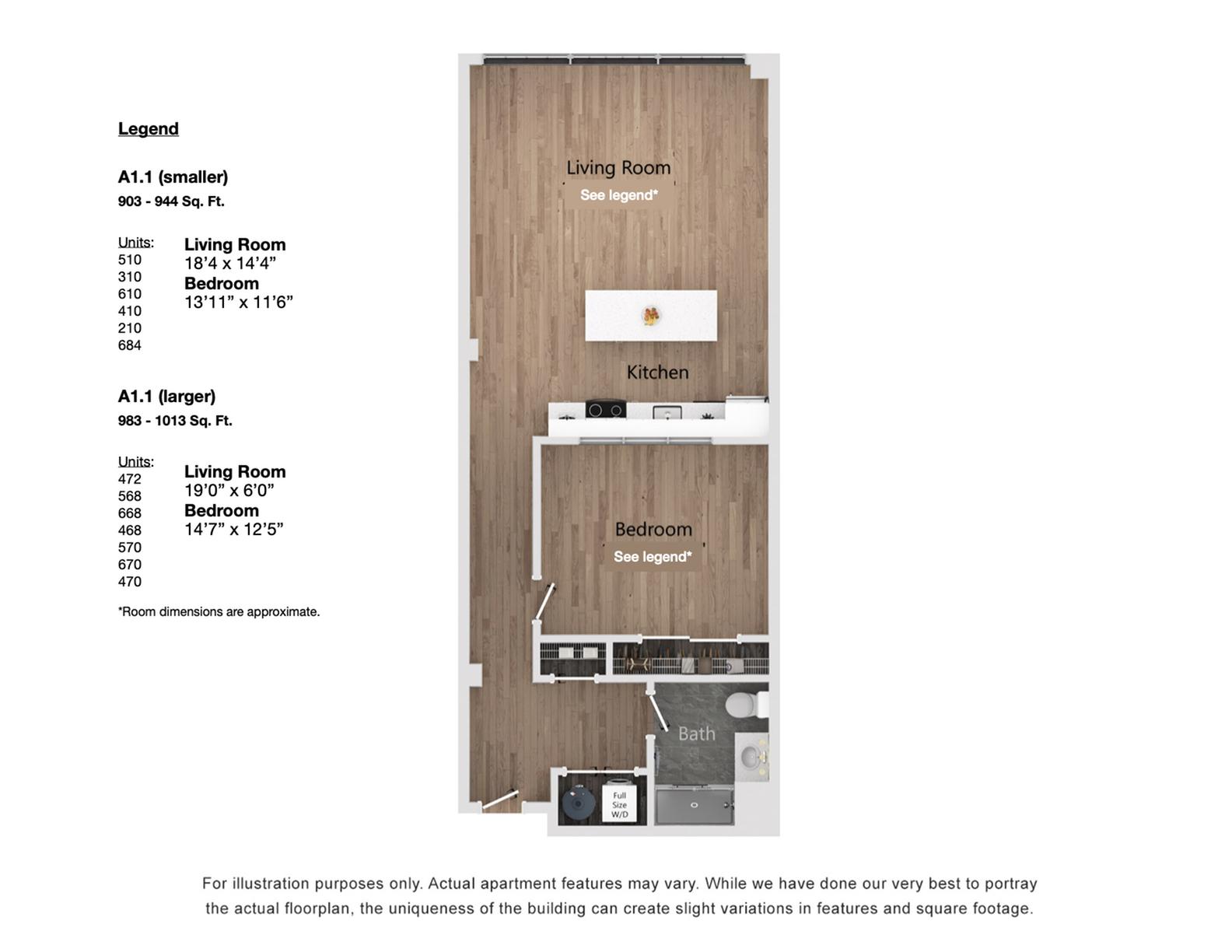 A1.1 1 Bedroom, 1 Bathroom, 904 Sq. Ft. Floor Plan