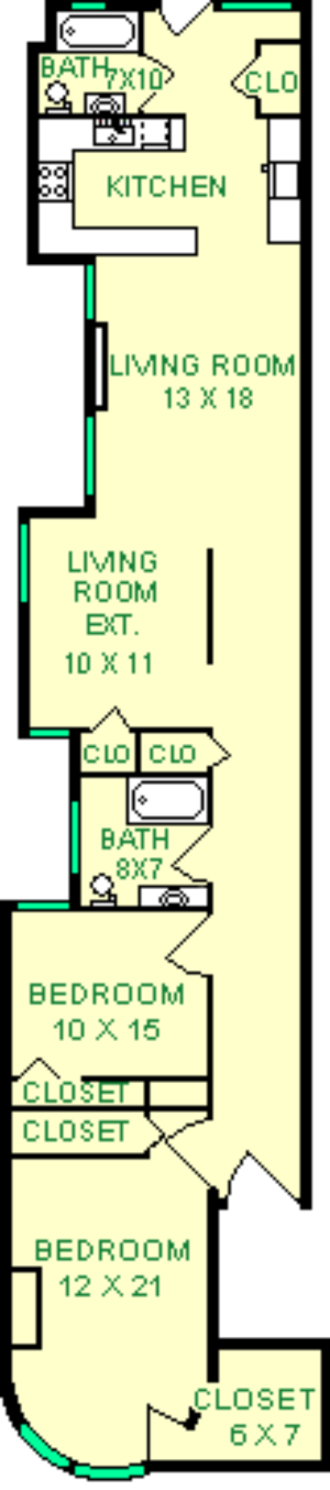 Quartz Two Bedroom Floorplans hows roughly 1350 square feet with two bedrooms, two bathrooms, living room with extension, kitchen, and closets.