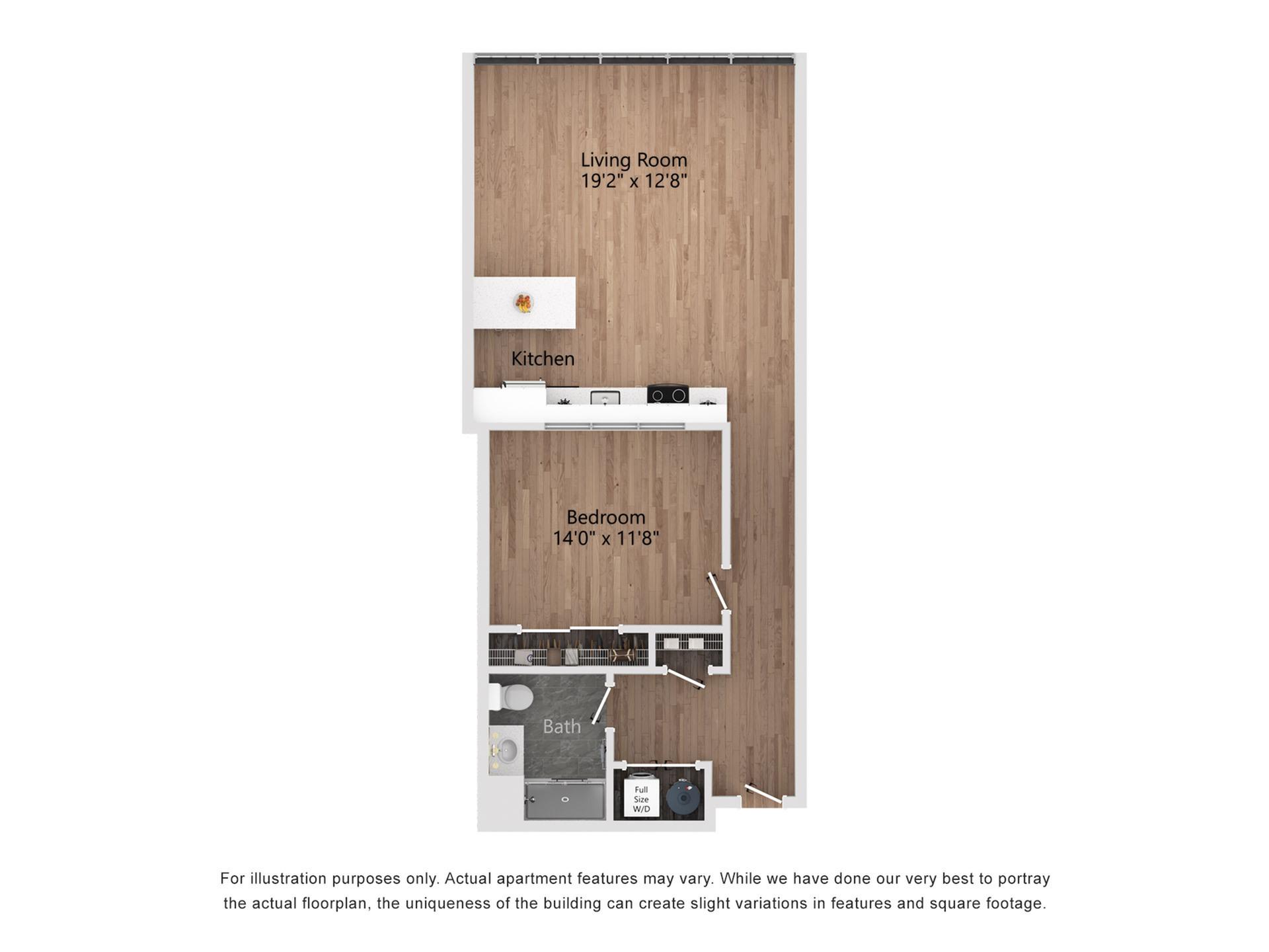 A1 1 Bedroom, 1 Bathroom, 893 Sq. Ft. Floor Plan