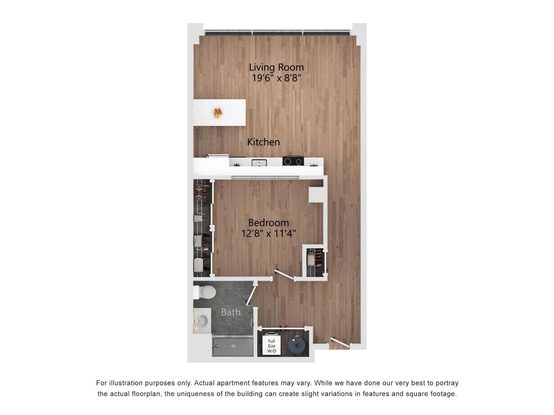 A_C1 1 Bedroom, 1 Bathroom, 768 Sq. Ft. Floor Plan