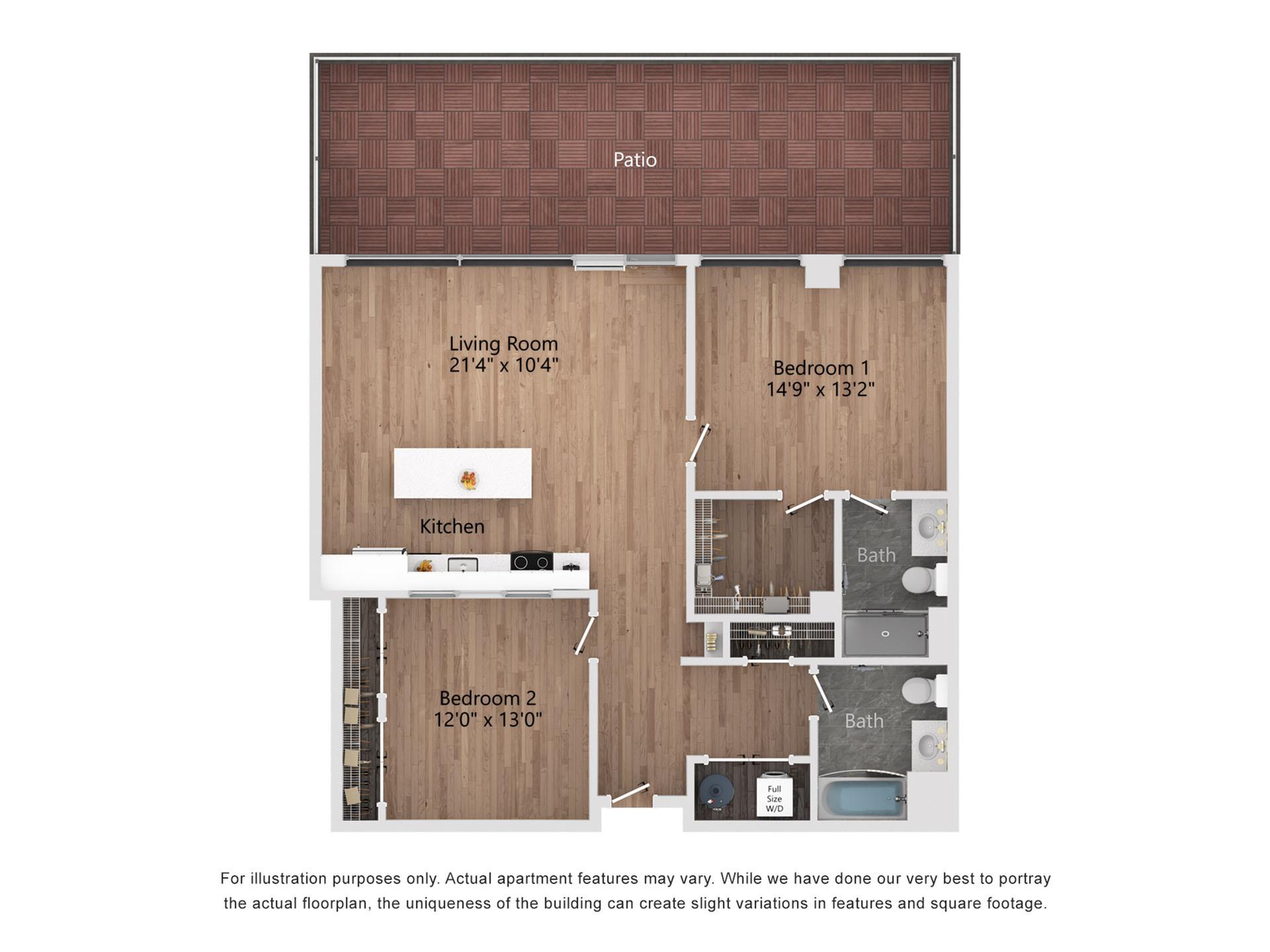 B2_P 2 Bedroom, 2 Bathroom, 1149 Sq. Ft. Floor Plan