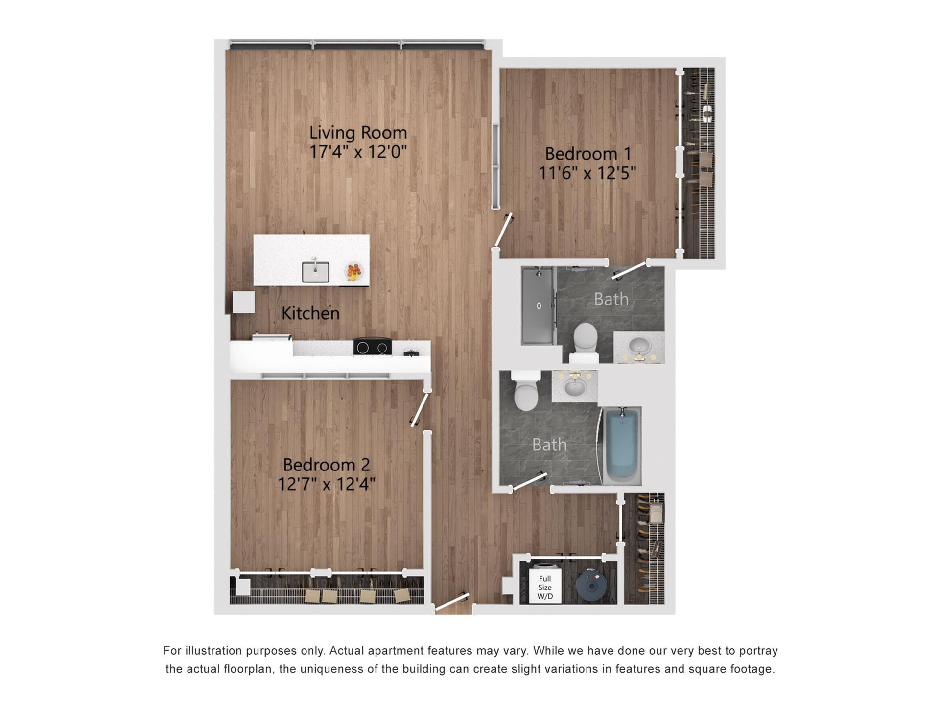 B3 2 Bedroom, 2 Bathroom, 1042 Sq. Ft. Floor Plan