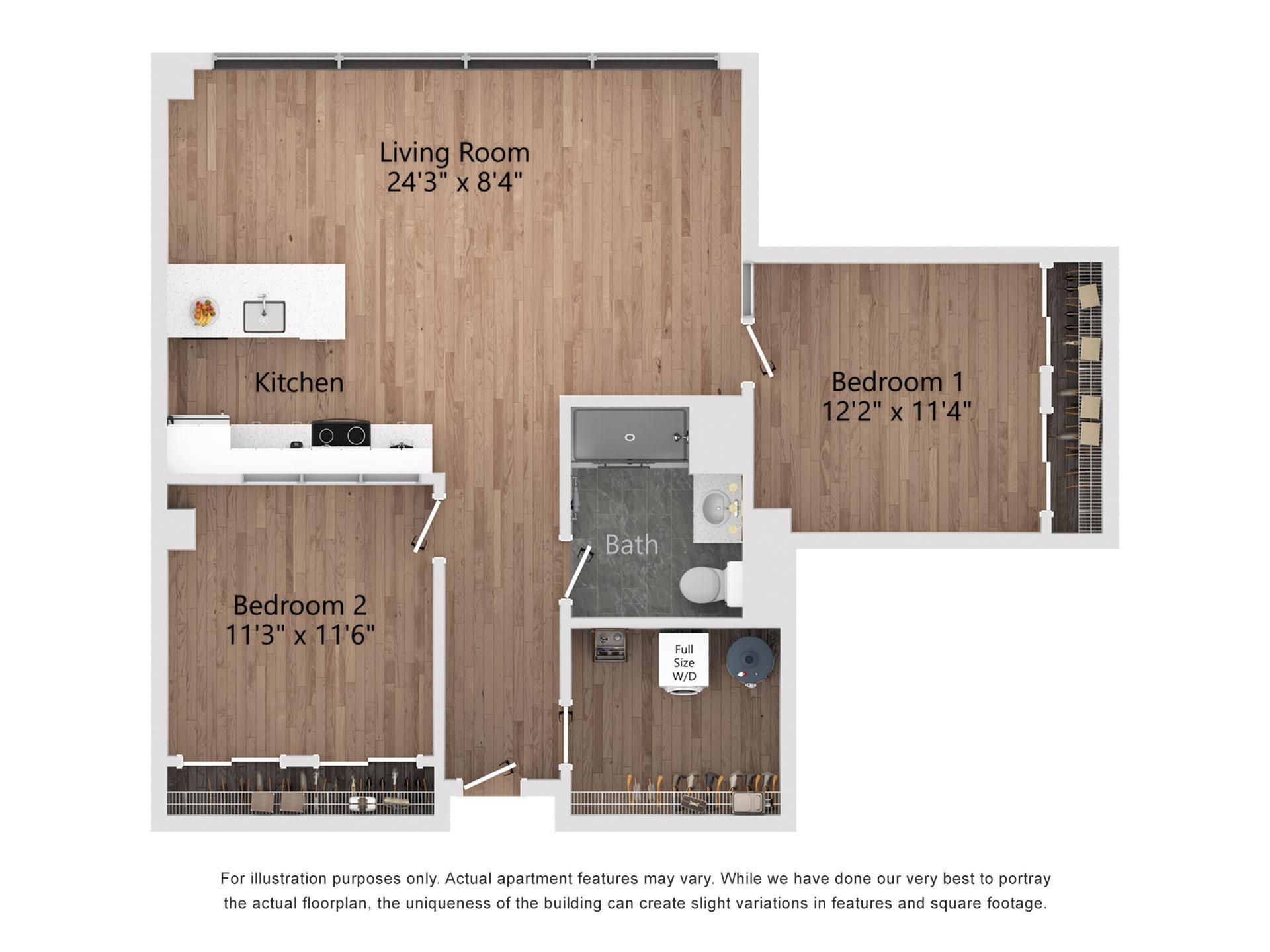 B6_1 2 Bedroom, 1 Bathroom, 1017 Sq. Ft. Floor Plan