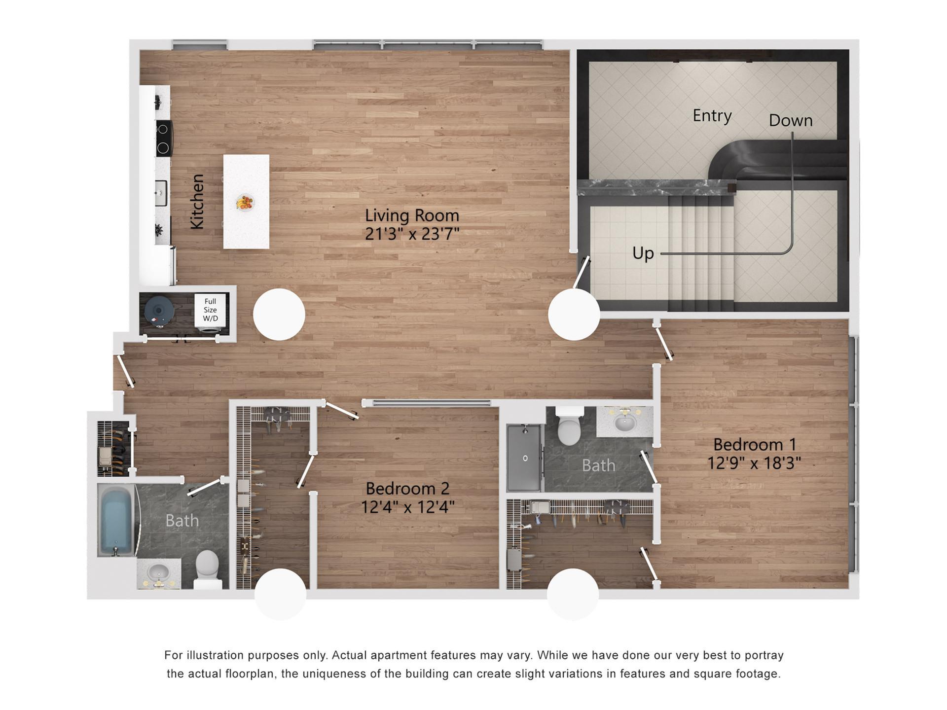 B_HE 2 Bedroom, 2 Bathroom, 1550 Sq. Ft. Floor Plan