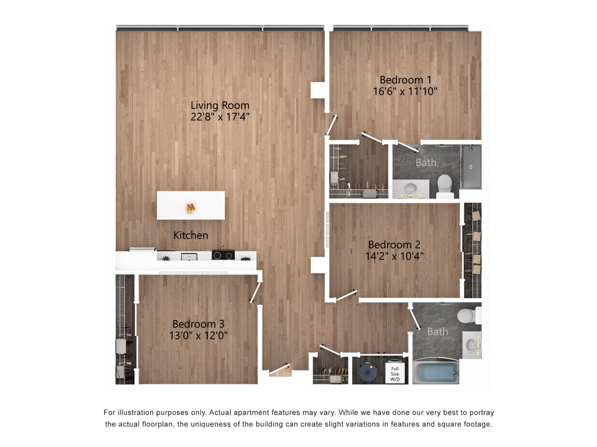 C3 3 Bedroom, 2 Bathroom, 1598 Sq. Ft Floor Plan