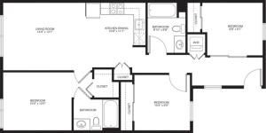 979 square foot three bedroom two bath apartment floorplan image
