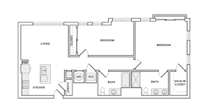 1167 square foot two bedroom two bath apartment floorplan image