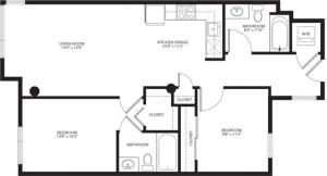 931 square foot two bedroom two bath apartment floorplan image
