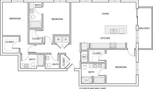 1690 square foot three bedroom three bath apartment floorplan image