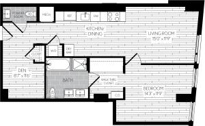 890 square foot one bedroom one and a half bath with den apartment floorplan image