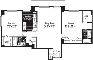 1250 square foot two bedroom two bath apartment floorplan image