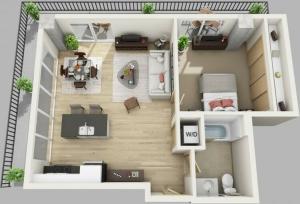 1 bed, 1 bath penthouse floorplan ranges from 725 to 740 sq. ft.