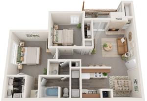 Two Bedrooms | One Bathroom | 850 sqft | Full-Size Washer/Dryer Connections | Patio/Balcony w/Storage | Walk-in Closet in Primary Bedroom | Built-in Bookshelves | Fireplace in select units