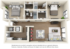 Redwood 2 bedrooms 2 bathrooms floor plan with premium finishes and quartz countertops