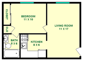 Angelou One Bedroom Apartment, showing roughly 425 square feet With a Living Room, Bedroom, Kitchen, With captive Bathroom and Closet to the bedroom.