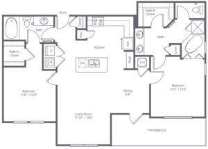 2 bedroom 2 bath apartment with kitchen island, dining area and private patio at 1175 square feet