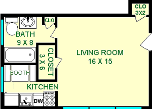 Poplar Studio Floorplan shows roughly 385 square feet, with a kitchen, bathroom living room and multiple closets.