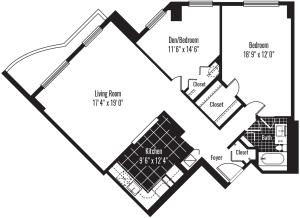 1050 square foot two bedroom one bath apartment floorplan image