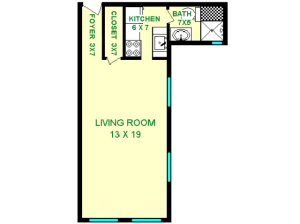 Floor plan of Scarab unit, roughly 345 square feet. Featuring living room, closet, kitchenette, and bathroom.