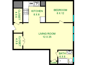Floor plan of Essex unit, roughly 570 square feet. Featuring living room, kitchen, bedroom, and bathroom.