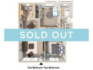 Two bedroom two bath floor plan image showing open living room and dining room, open concept kitchen, two bathrooms, and two spacious bedrooms