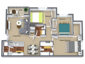 3 Bed - 3 Bath - 1100 sq. ft.