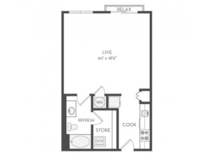 The Tesla Floor Plan | Studio with 1 Bath | 672 Square Feet | Cottonwood Westside | Apartment Homes