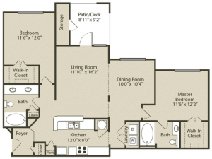 Chastain Sunroom with Garage Floor Plan | 2 Bedroom with 2 Bath | 1259 Square Feet | Retreat at Peachtree City | Apartment Homes