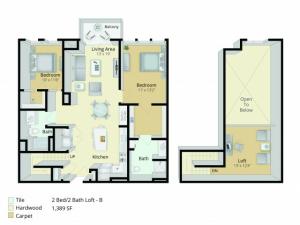 B7L Floor Plan | 2 Bedroom with 2 Bath and Loft | 1389 Square Feet | Cottonwood One Upland | Apartment Homes