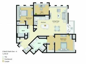 B6D Floor Plan | 2 Bedroom with 2 Bath and Den | 1378 Square Feet | Cottonwood One Upland | Apartment Homes