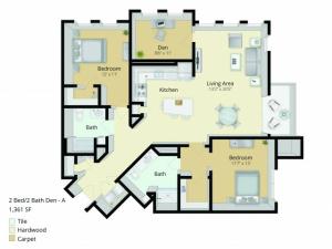 B5D Floor Plan | 2 Bedroom with 2 Bath and Den | 1361 Square Feet | Cottonwood One Upland | Apartment Homes