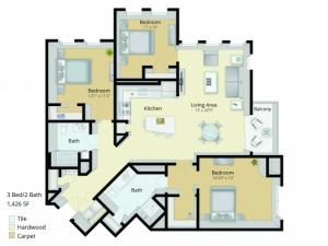 C1 Floor Plan | 3 Bedroom with 2 Bath | 1426 Square Feet | Cottonwood One Upland | Apartment Homes
