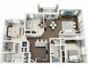 Rhapsody Floor Plan | 3 Bedroom with 2 Bath | 1358 Square Feet | The Marq Highland Park | Apartment Homes
