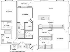 1658 square foot three bedroom three and half bath apartment floorplan image