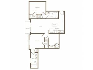 1199 square foot two bedroom two bath phase II apartment floorplan image