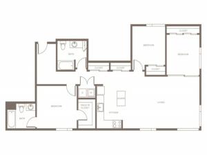 1296 square foot three bedroom two bath apartment floorplan image