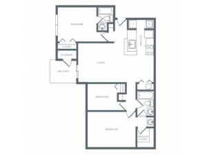 1100 square foot three bedroom two bath apartment floorplan image