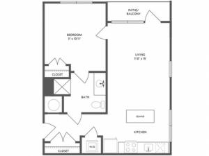 636 square foot one bedroom one bath apartment floorplan image