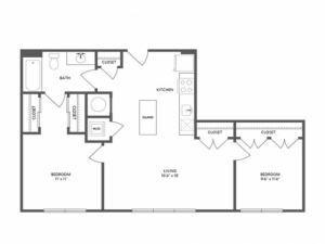 798 square foot two bedroom one bath apartment floorplan image