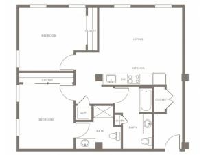 990 square foot two bedroom two bath apartment floorplan image