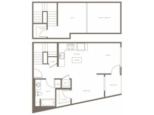 748 square foot studio one bath loft apartment floorplan image