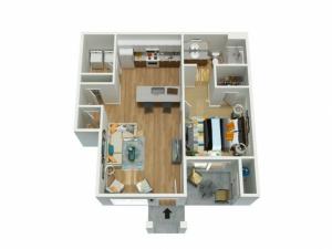 1b1b with full size washer a dryer, granite counter tops, and modern finishes.