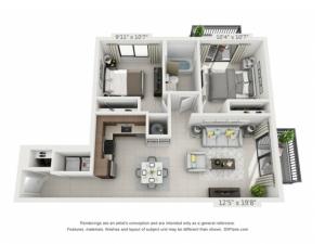 Two Bedroom One Bath (876 SF)