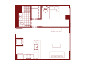 1 bed, 1 bath floorplan is 696 sq. ft.