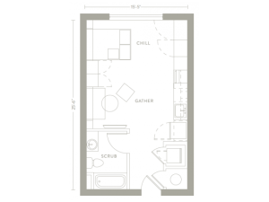 The studio classic floorplan is 431 sq. ft.
