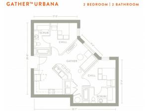 The 2 bed, 2 bath corner floorplan is 872 sq. ft.