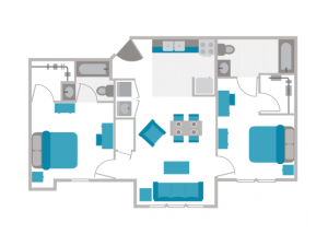 The 2 bedroom 2 bathroom floorplan is 954 sq. ft.