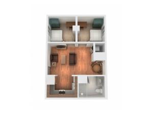 The 2 bedroom 1 bathroom floorplan is 589 sq. ft.