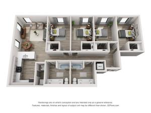 The 4 bedroom, 2 bathroom D floorplan is 1440 sq. ft.