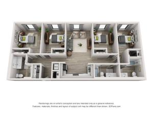 The 4 bedroom, 3 bathroom A floorplan is 1324 sq. ft.
